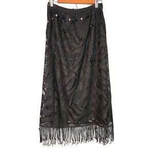 NWT Multiples Women's Small Gothic Glam Witchy Whimsigoth Black Lace Skirt Fring